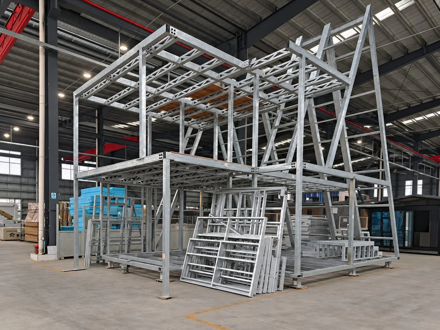Steel module frames and wall panels inside the MAVE factory