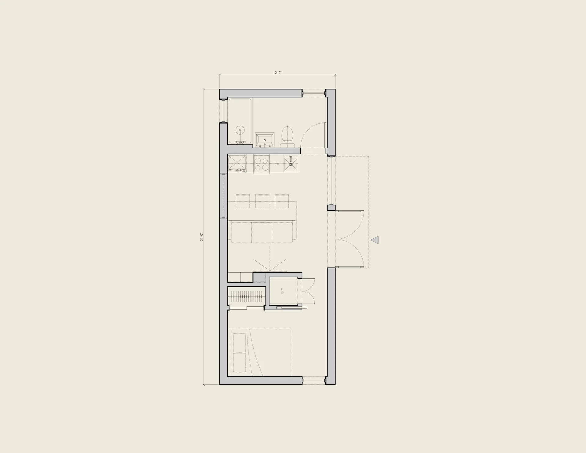 Studio — dimensioned floor plan
